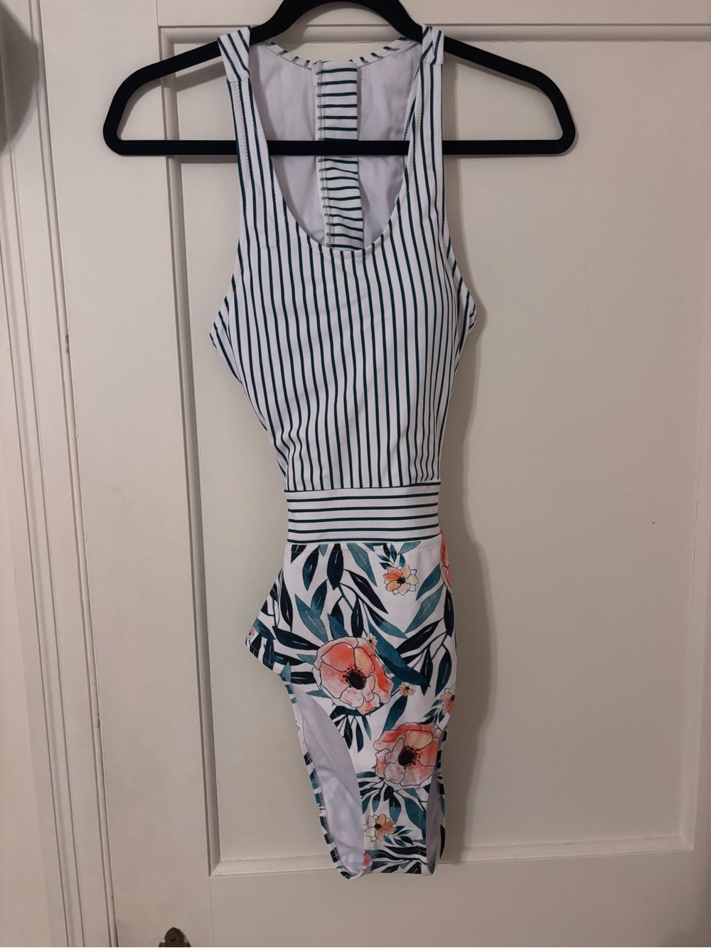 Cupshe White & Teal Striped Floral Swimsuit